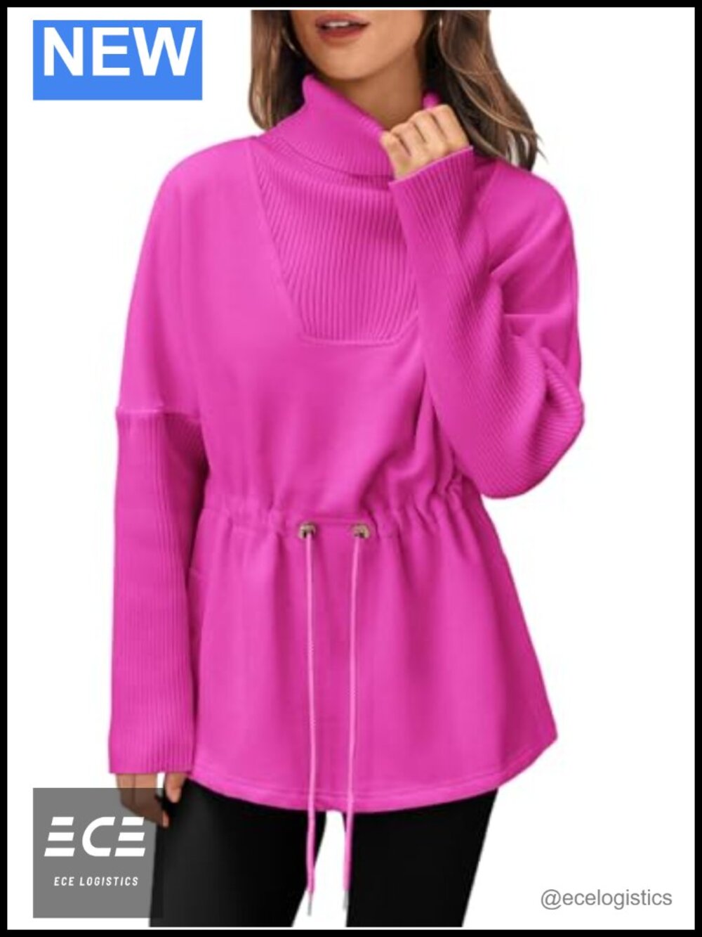 Turtleneck Sweatshirt Fleece Lined Drawstring Waist Side Slit Tunic